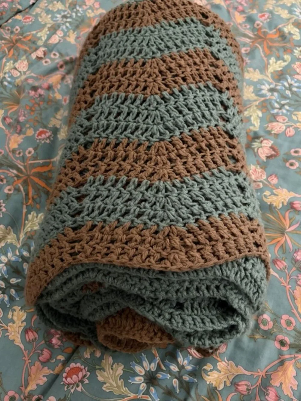 Vintage Handmade Chevron Afghan Blanket Retro Gray Blue And Brown 86” X 86”